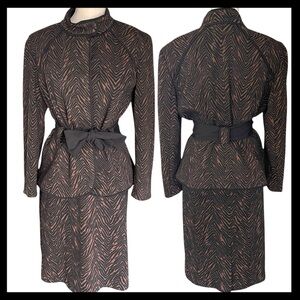 LIGHT Black/Brown Animal Print Belt Tie Jacket Pencil Skirt 2 Piece Suit (L/10)